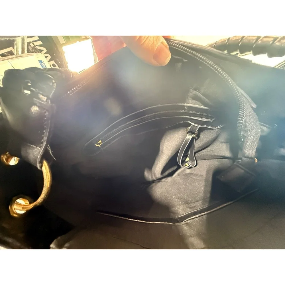 Black Faux Leather Hobo Bag Braided Handle Gold Hardware Crossbody‎ Shoulder Bag